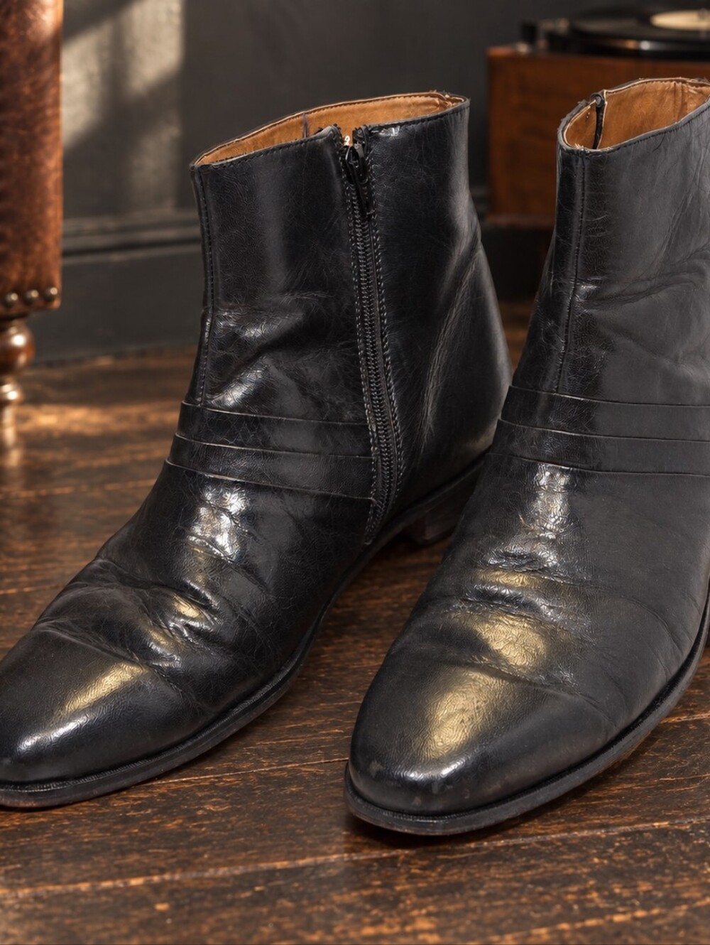 Vintage Black Leather Beatle Ankle Boots 12M Rockabilly Mod Biker Stacy Adams